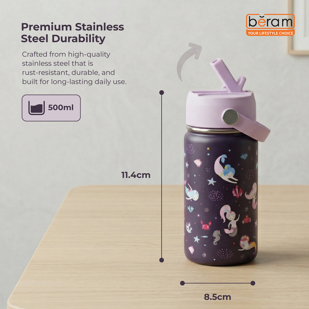 Beram Stainless Steel Thermal Water Bottle 12oz 500ml Smart Water Bottle Aqua Flask Travel Flask for Hot Water Thermos Flask Harmonica Bottle