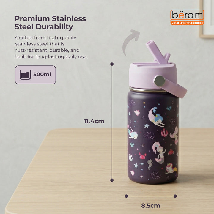 Beram Stainless Steel Thermal Water Bottle 12oz 500ml Smart Water Bottle Aqua Flask Travel Flask for Hot Water Thermos Flask Harmonica Bottle