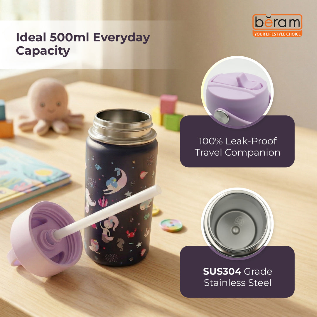 Beram Stainless Steel Thermal Water Bottle 12oz 500ml Smart Water Bottle Aqua Flask Travel Flask for Hot Water Thermos Flask Harmonica Bottle