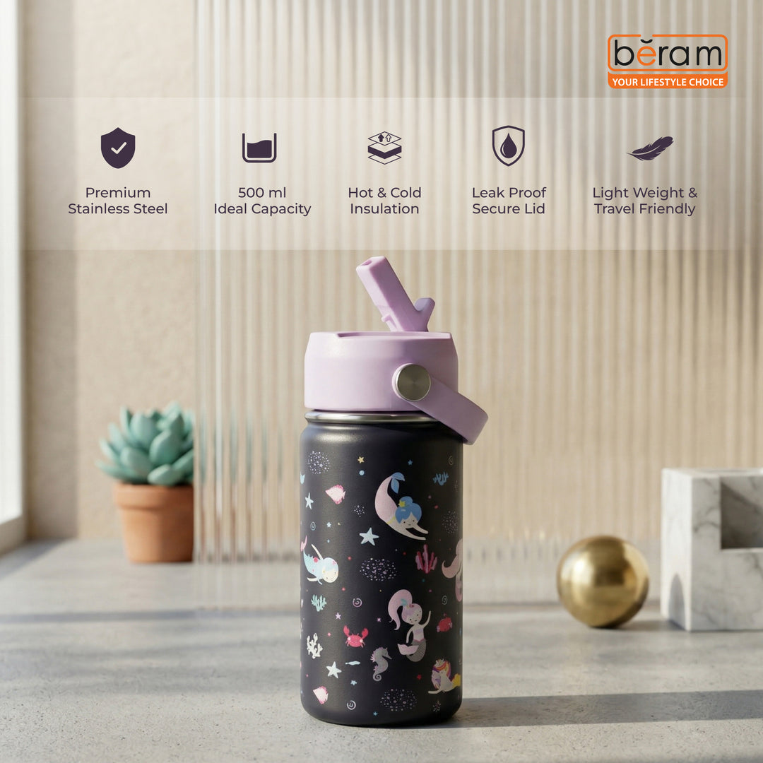 Beram Stainless Steel Thermal Water Bottle 12oz 500ml Smart Water Bottle Aqua Flask Travel Flask for Hot Water Thermos Flask Harmonica Bottle
