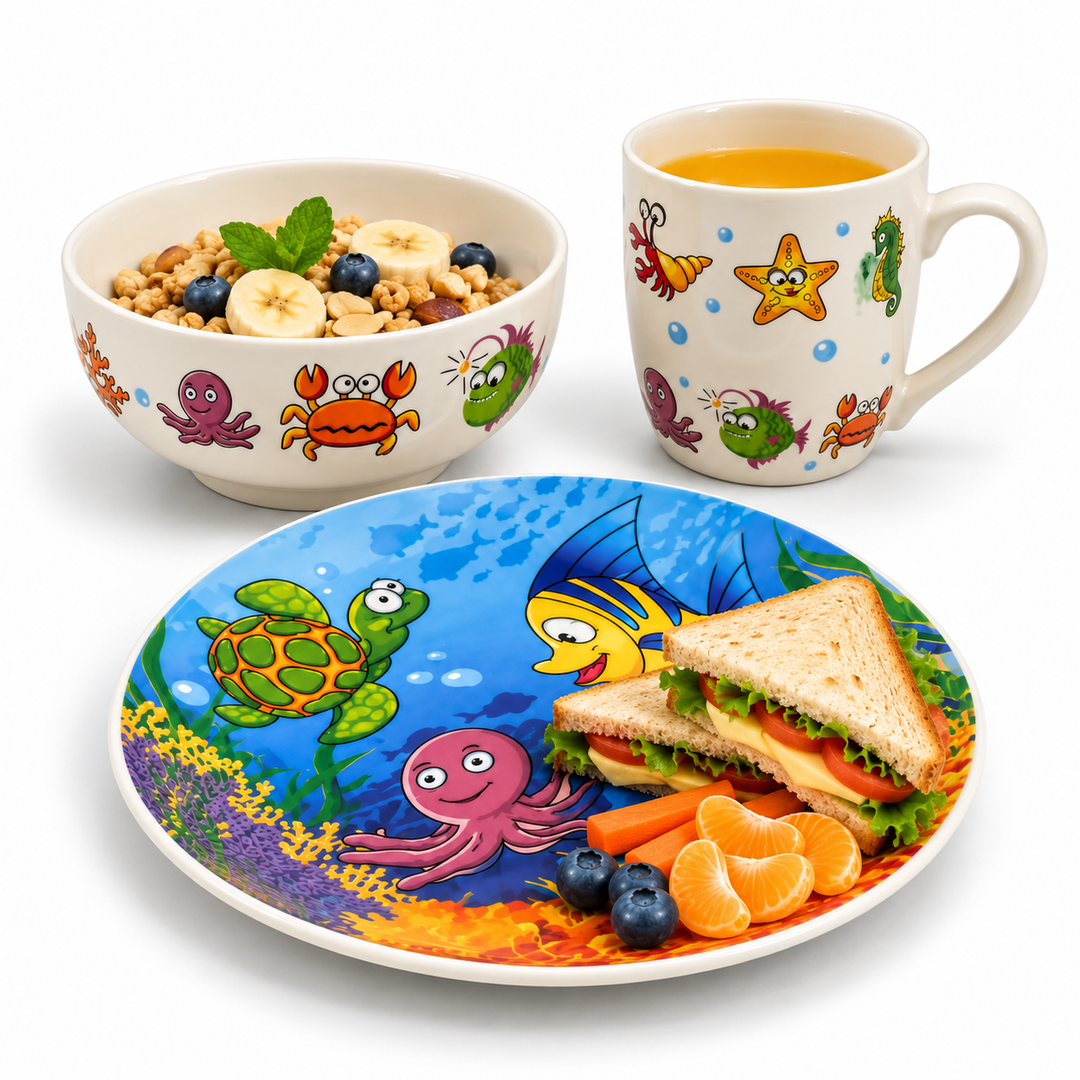 3 Piece Ceramic Dinnerware Set with Plate, Bowl & Mug, Colourful Ocean Sea Life Design, Fish, Turtle, Crab & Starfish Pattern, Breakfast Dining Set for Everyday Meals, Snacks, Cereal & Drinks