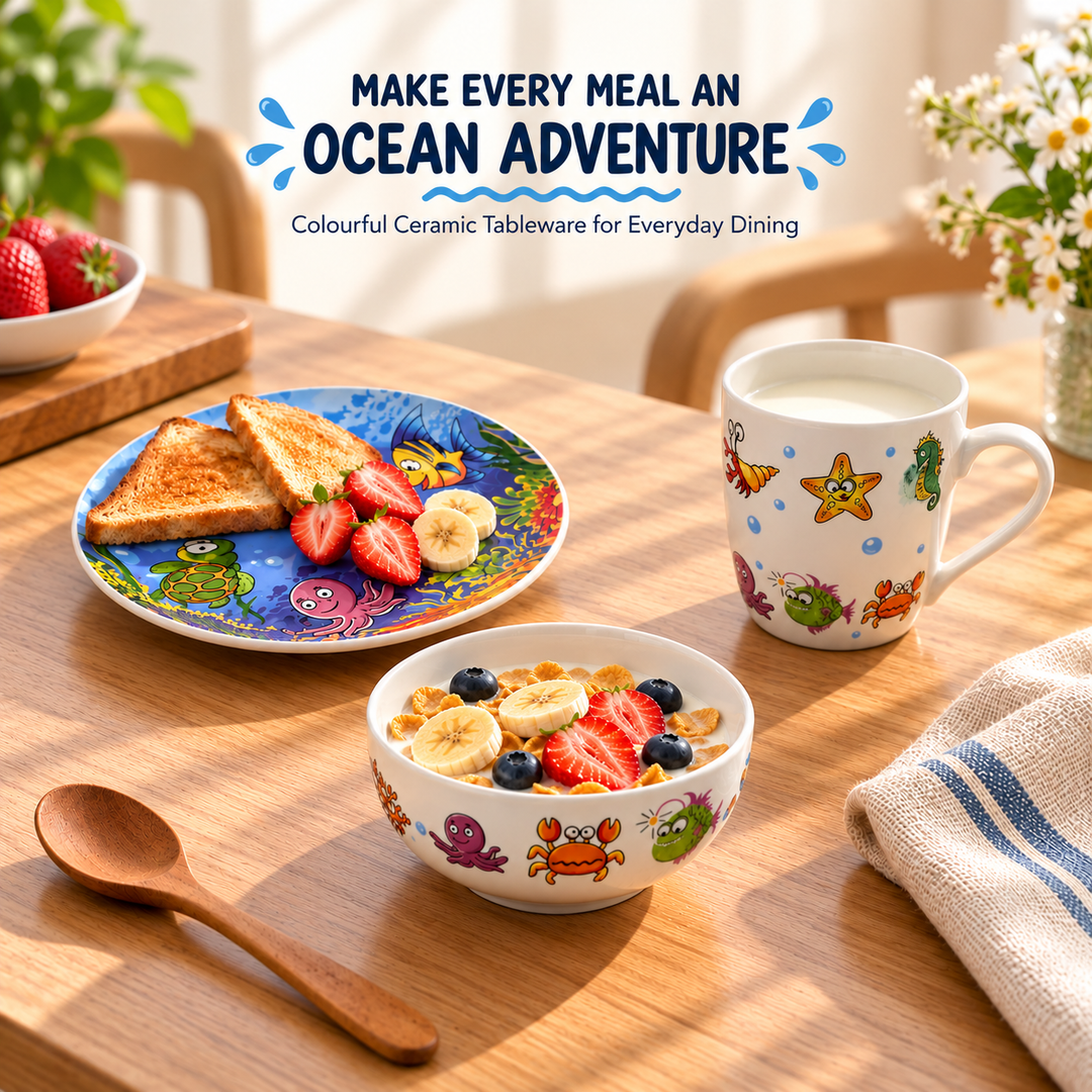 3 Piece Ceramic Dinnerware Set with Plate, Bowl & Mug, Colourful Ocean Sea Life Design, Fish, Turtle, Crab & Starfish Pattern, Breakfast Dining Set for Everyday Meals, Snacks, Cereal & Drinks