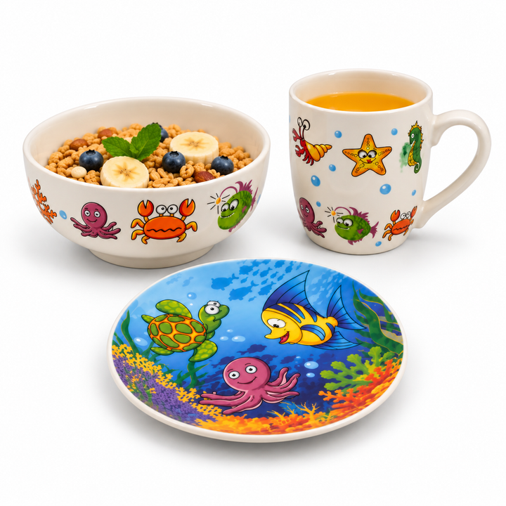 3 Piece Ceramic Dinnerware Set with Plate, Bowl & Mug, Colourful Ocean Sea Life Design, Fish, Turtle, Crab & Starfish Pattern, Breakfast Dining Set for Everyday Meals, Snacks, Cereal & Drinks
