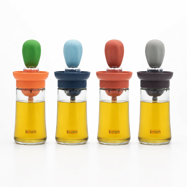 BERAM Oil Dispenser Bottle with Brush Set of 4 for Barbecue Vinegar or Sauce Glass Container with Silicone Baster for Kitchen Baking Air Fryer 2 in 1 Leakproof Non Drip Cooking Tool