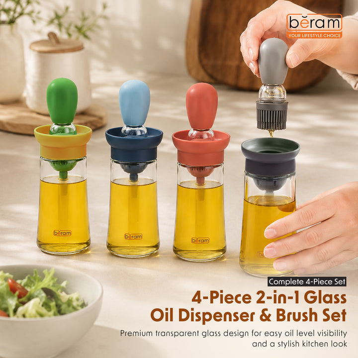 BERAM Oil Dispenser Bottle with Brush Set of 4 for Barbecue Vinegar or Sauce Glass Container with Silicone Baster for Kitchen Baking Air Fryer 2 in 1 Leakproof Non Drip Cooking Tool