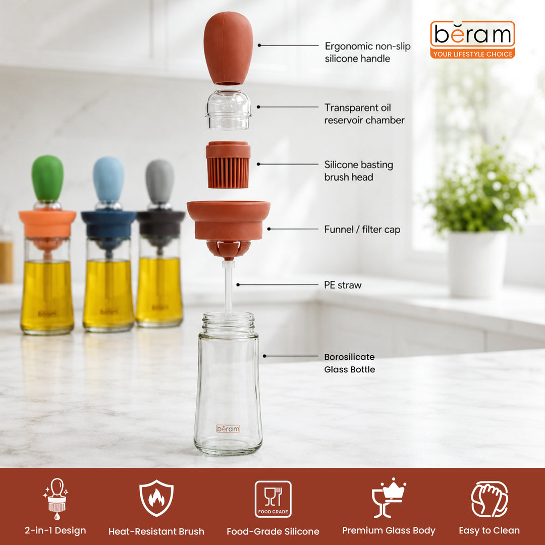 BERAM Oil Dispenser Bottle with Brush Set of 4 for Barbecue Vinegar or Sauce Glass Container with Silicone Baster for Kitchen Baking Air Fryer 2 in 1 Leakproof Non Drip Cooking Tool