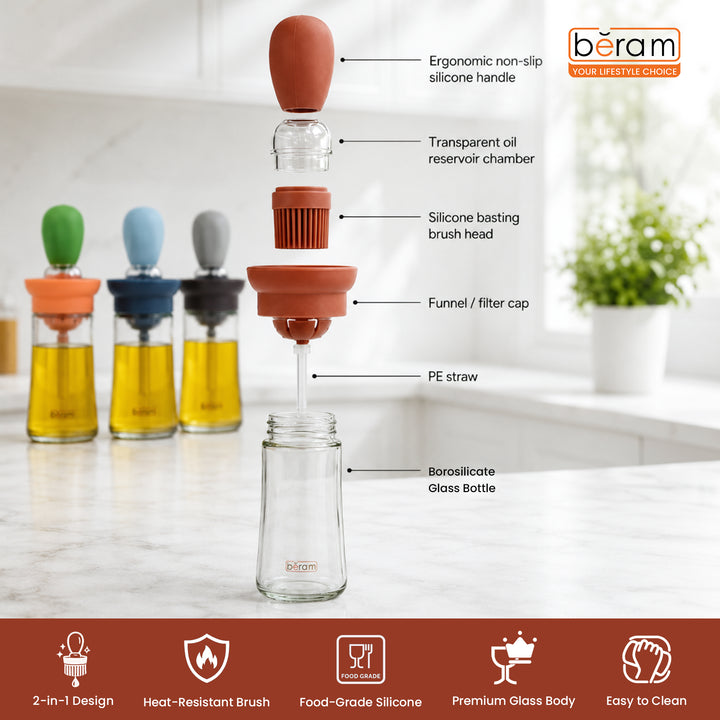BERAM Oil Dispenser Bottle with Brush Set of 4 for Barbecue Vinegar or Sauce Glass Container with Silicone Baster for Kitchen Baking Air Fryer 2 in 1 Leakproof Non Drip Cooking Tool