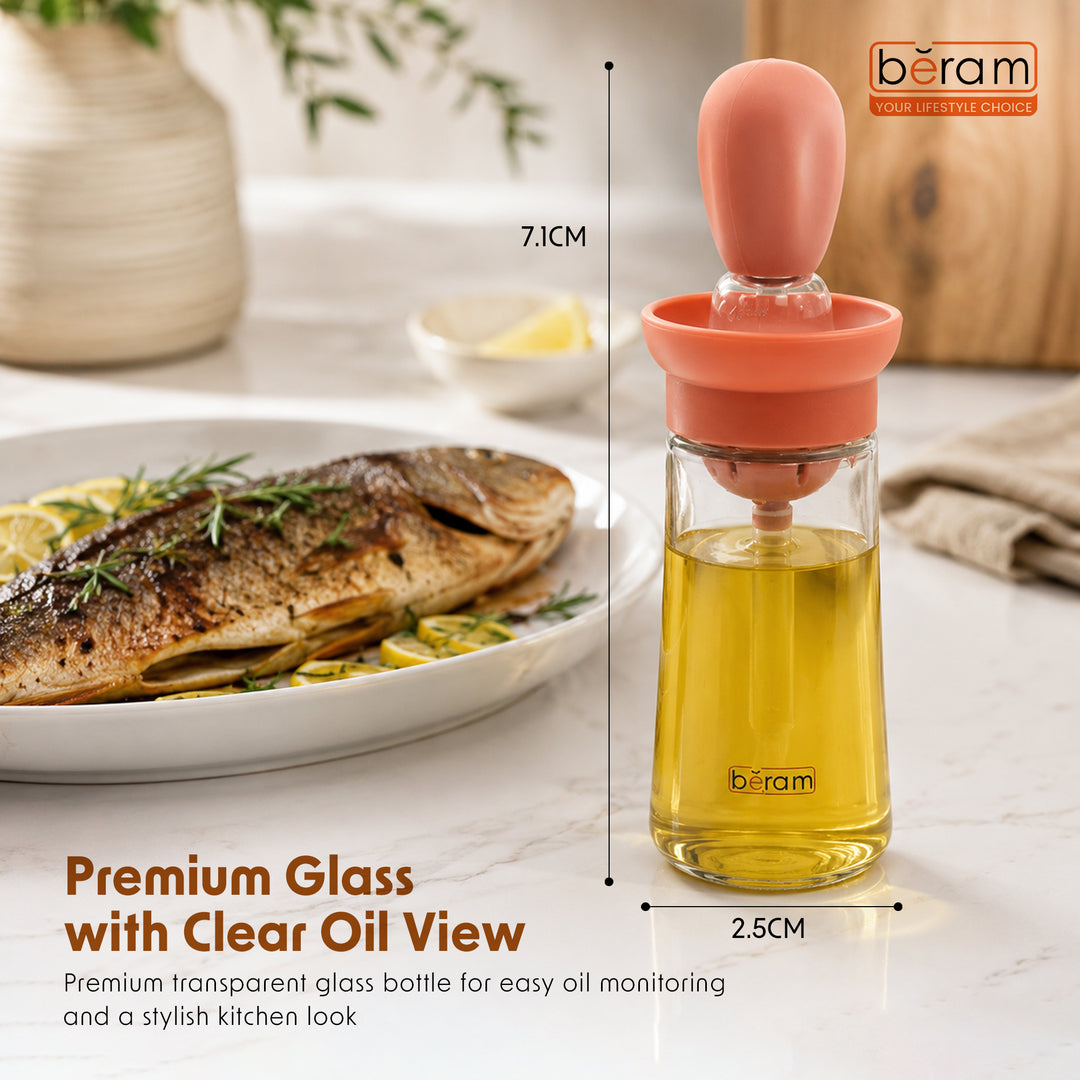BERAM Oil Dispenser Bottle with Brush Set of 4 for Barbecue Vinegar or Sauce Glass Container with Silicone Baster for Kitchen Baking Air Fryer 2 in 1 Leakproof Non Drip Cooking Tool