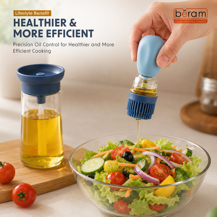Beram Oil Dispenser Bottle with Barbecue Brush for Oil Vinegar or Sauce Glass Storage Container with Silicone Basting Brush for Kitchen Cooking Baking Grilling and Air Fryer Use Non Drip Leakproof Design