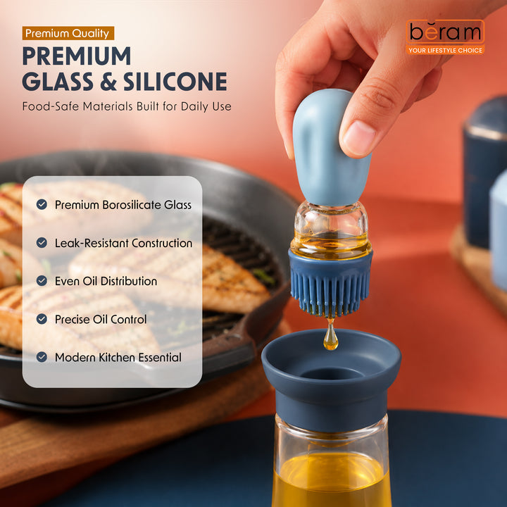 Beram Oil Dispenser Bottle with Barbecue Brush for Oil Vinegar or Sauce Glass Storage Container with Silicone Basting Brush for Kitchen Cooking Baking Grilling and Air Fryer Use Non Drip Leakproof Design
