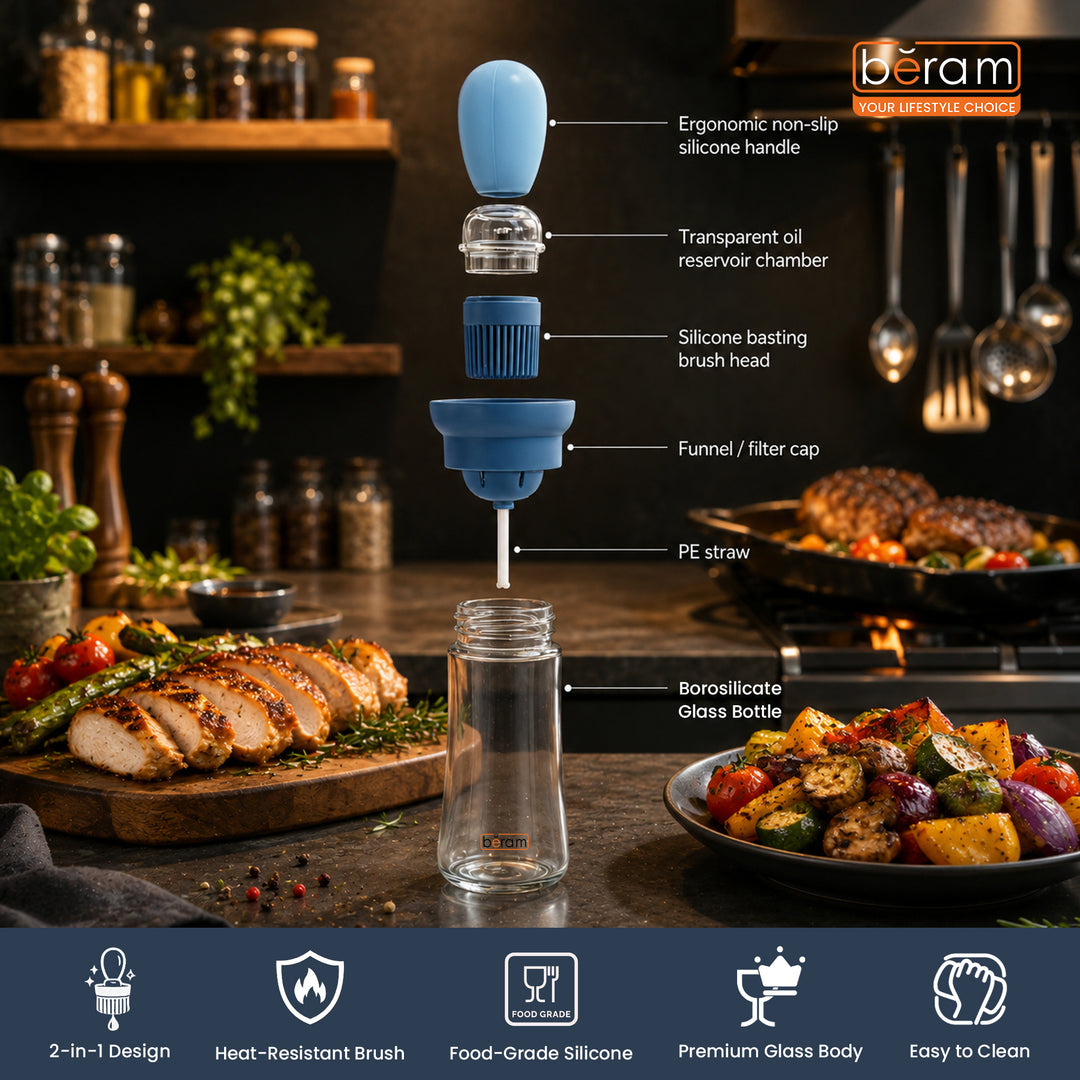 Beram Oil Dispenser Bottle with Barbecue Brush for Oil Vinegar or Sauce Glass Storage Container with Silicone Basting Brush for Kitchen Cooking Baking Grilling and Air Fryer Use Non Drip Leakproof Design