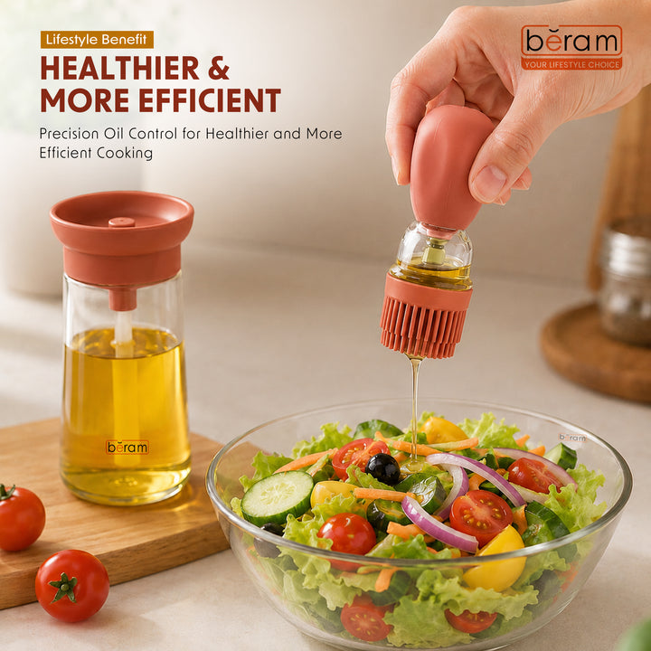 Beram Oil Dispenser Bottle with Barbecue Brush for Oil Vinegar or Sauce Glass Storage Container with Silicone Basting Brush for Kitchen Cooking Baking Grilling and Air Fryer Use Non Drip Leakproof Design