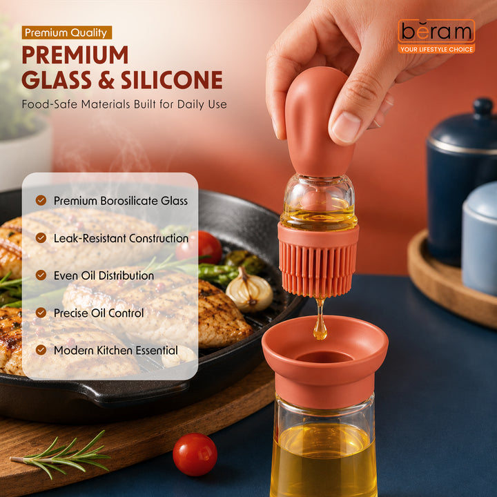 Beram Oil Dispenser Bottle with Barbecue Brush for Oil Vinegar or Sauce Glass Storage Container with Silicone Basting Brush for Kitchen Cooking Baking Grilling and Air Fryer Use Non Drip Leakproof Design