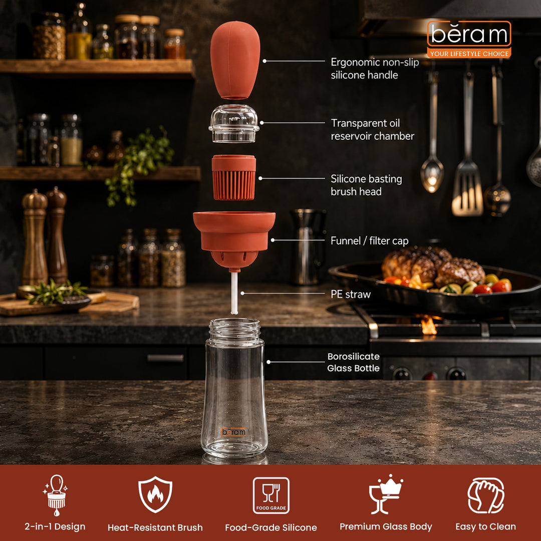 Beram Oil Dispenser Bottle with Barbecue Brush for Oil Vinegar or Sauce Glass Storage Container with Silicone Basting Brush for Kitchen Cooking Baking Grilling and Air Fryer Use Non Drip Leakproof Design
