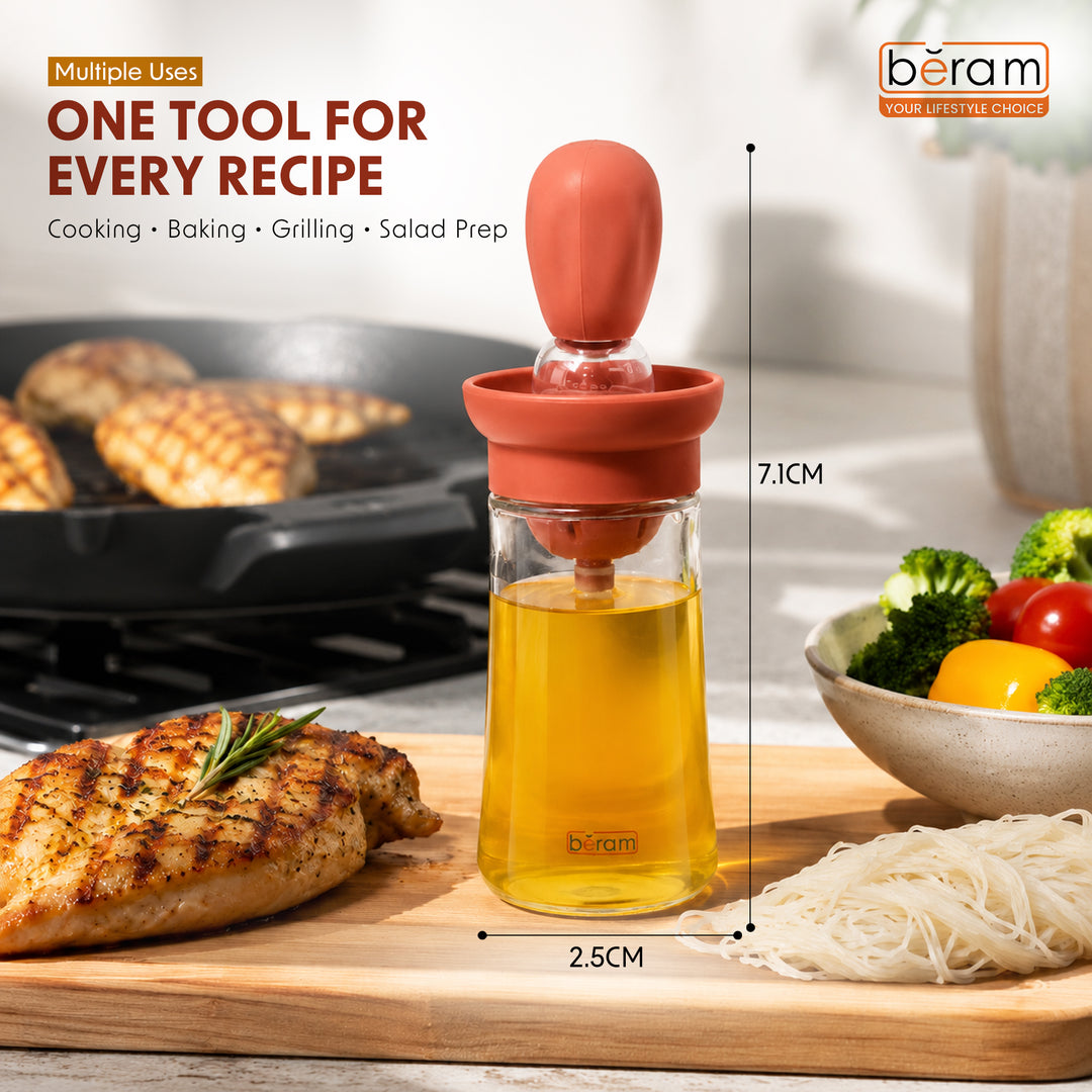Beram Oil Dispenser Bottle with Barbecue Brush for Oil Vinegar or Sauce Glass Storage Container with Silicone Basting Brush for Kitchen Cooking Baking Grilling and Air Fryer Use Non Drip Leakproof Design