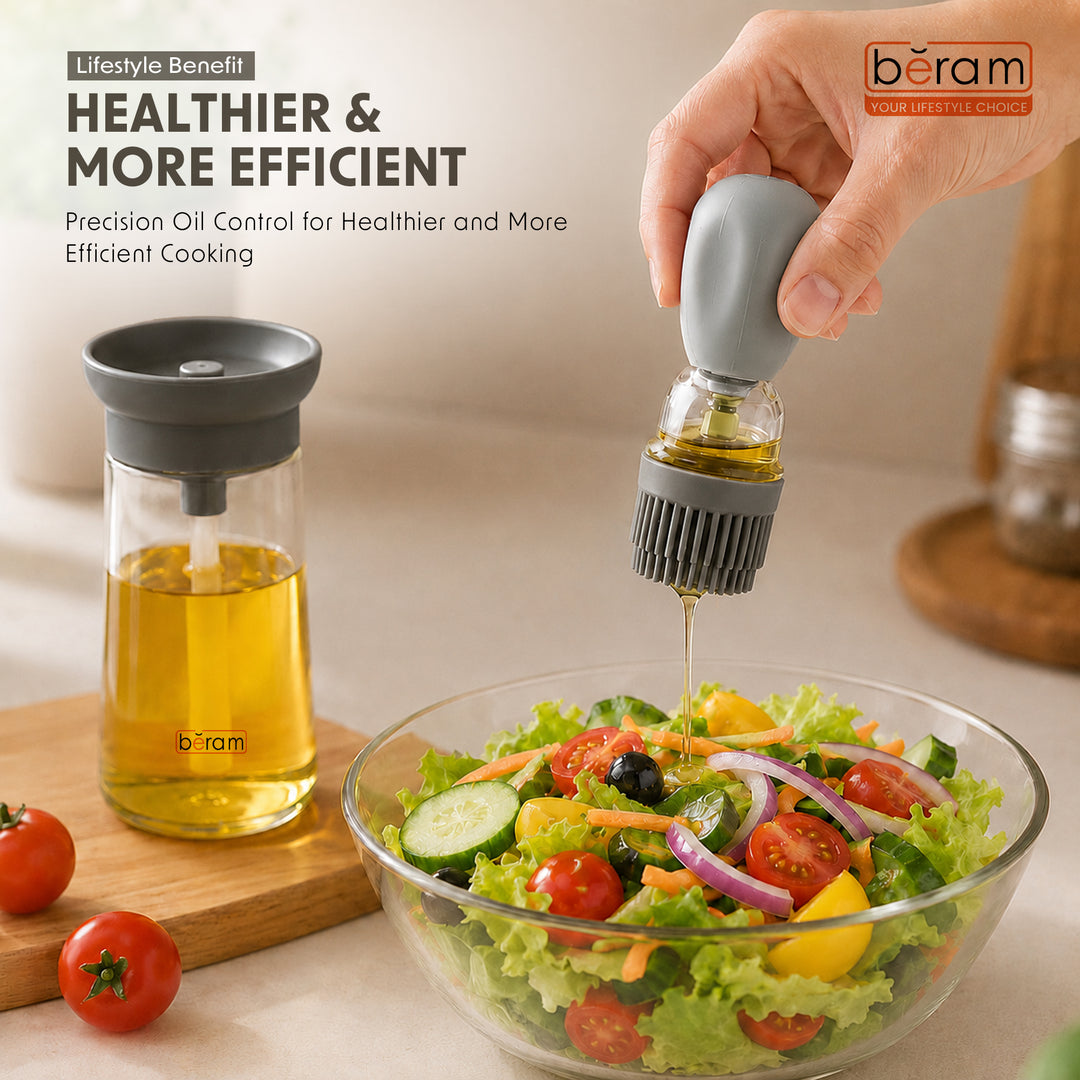 Beram Oil Dispenser Bottle with Barbecue Brush for Oil Vinegar or Sauce Glass Storage Container with Silicone Basting Brush for Kitchen Cooking Baking Grilling and Air Fryer Use Non Drip Leakproof Design