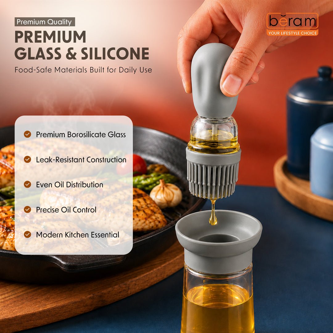 Beram Oil Dispenser Bottle with Barbecue Brush for Oil Vinegar or Sauce Glass Storage Container with Silicone Basting Brush for Kitchen Cooking Baking Grilling and Air Fryer Use Non Drip Leakproof Design