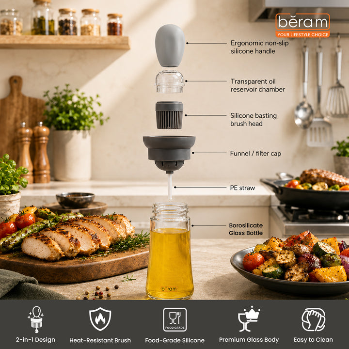 Beram Oil Dispenser Bottle with Barbecue Brush for Oil Vinegar or Sauce Glass Storage Container with Silicone Basting Brush for Kitchen Cooking Baking Grilling and Air Fryer Use Non Drip Leakproof Design
