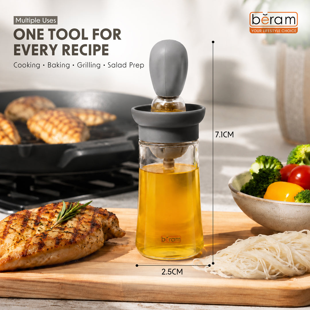 Beram Oil Dispenser Bottle with Barbecue Brush for Oil Vinegar or Sauce Glass Storage Container with Silicone Basting Brush for Kitchen Cooking Baking Grilling and Air Fryer Use Non Drip Leakproof Design