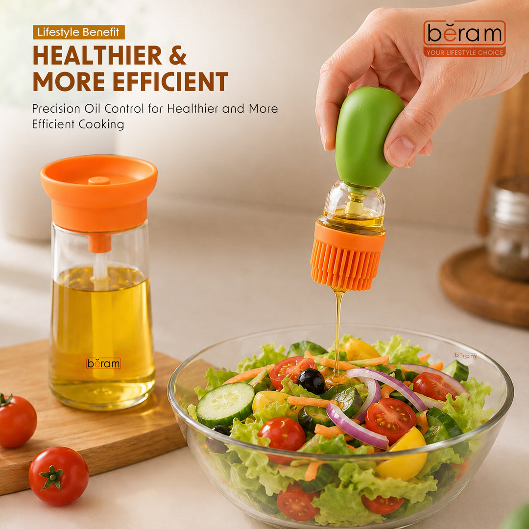 BERAM Oil Dispenser Bottle with Brush Set of 4 for Barbecue Vinegar or Sauce Glass Container with Silicone Baster for Kitchen Baking Air Fryer 2 in 1 Leakproof Non Drip Cooking Tool