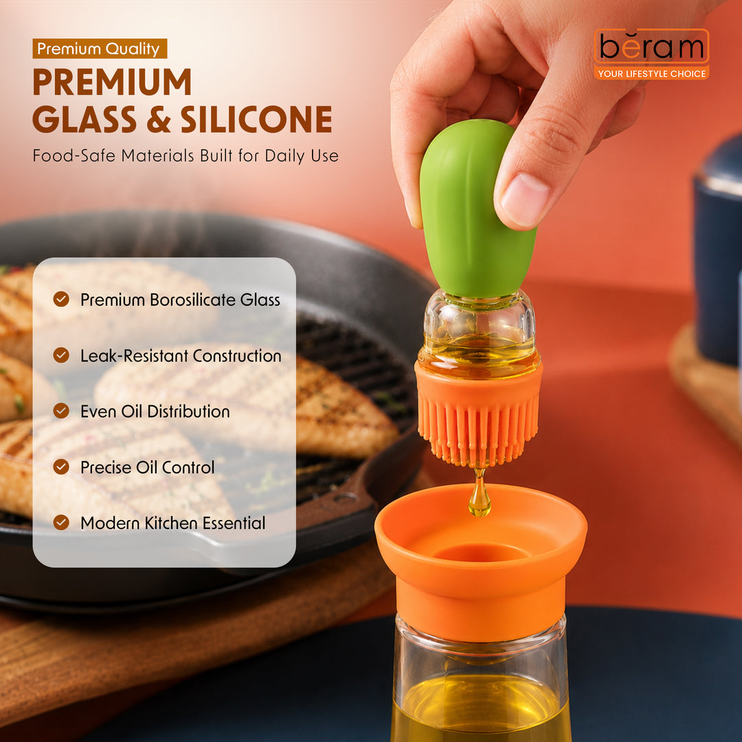 Beram Oil Dispenser Bottle with Barbecue Brush for Oil Vinegar or Sauce Glass Storage Container with Silicone Basting Brush for Kitchen Cooking Baking Grilling and Air Fryer Use Non Drip Leakproof Design