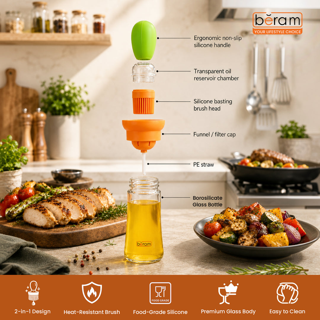 Beram Oil Dispenser Bottle with Barbecue Brush for Oil Vinegar or Sauce Glass Storage Container with Silicone Basting Brush for Kitchen Cooking Baking Grilling and Air Fryer Use Non Drip Leakproof Design