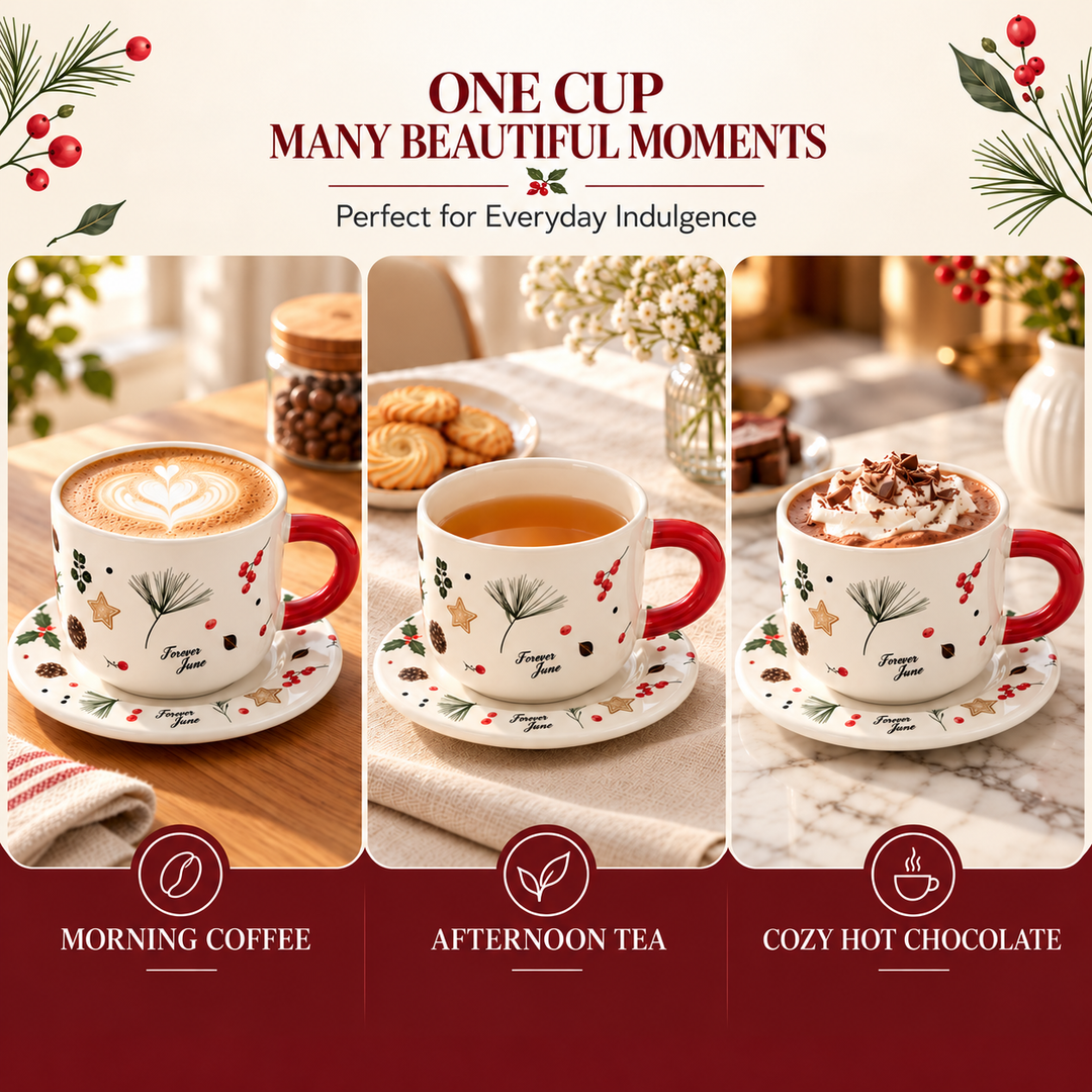 Ceramic Coffee Cup and Saucer Set, Tea Cup with Handle, Elegant White Porcelain Style Cup and Matching Saucer with Botanical Floral Design for Coffee, Tea, Cappuccino and Home Serving