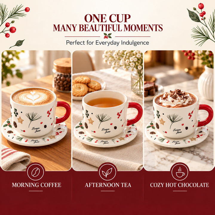 Ceramic Coffee Cup and Saucer Set, Tea Cup with Handle, Elegant White Porcelain Style Cup and Matching Saucer with Botanical Floral Design for Coffee, Tea, Cappuccino and Home Serving