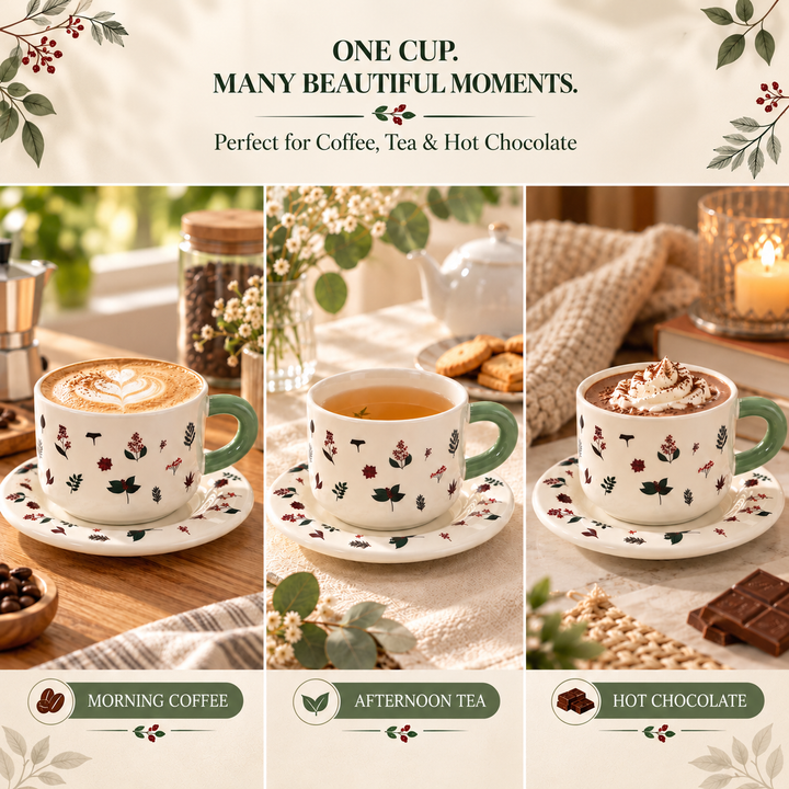 Ceramic Coffee Cup and Saucer Set, Tea Cup with Handle, Elegant White Porcelain Style Cup and Matching Saucer with Botanical Floral Design for Coffee, Tea, Cappuccino and Home Serving