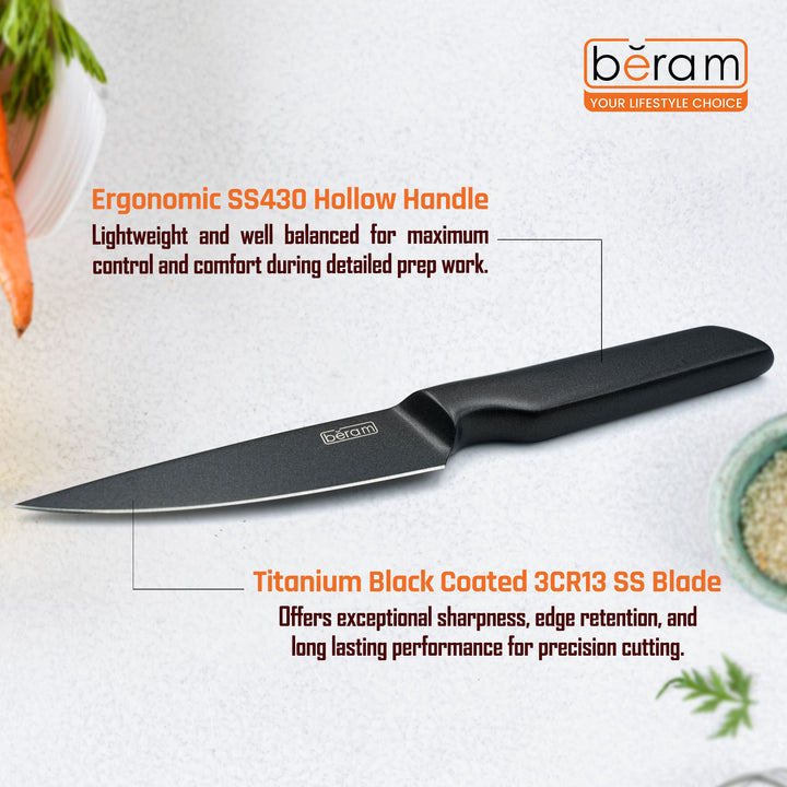BERAM 3.5 Inch Paring Knife Titanium Black Coated 3CR13 Premium Stainless Steel Blade with SS430 Handle Precision Blade for Peeling Trimming Garnishing Sleek Durable Kitchen Essential