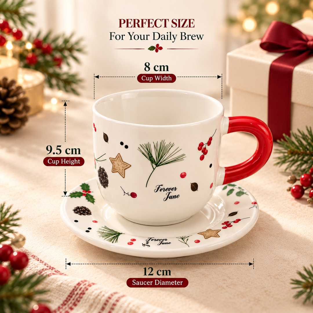 Ceramic Coffee Cup and Saucer Set, Tea Cup with Handle, Elegant White Porcelain Style Cup and Matching Saucer with Botanical Floral Design for Coffee, Tea, Cappuccino and Home Serving