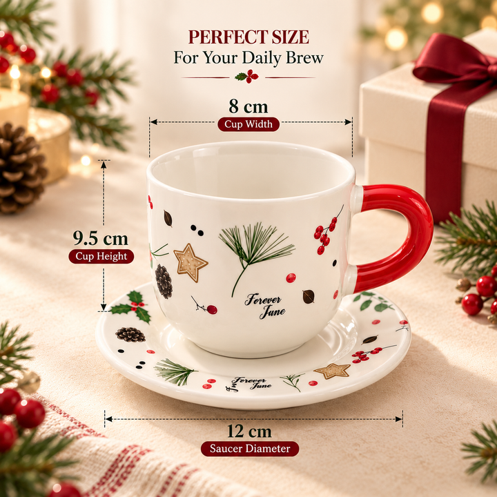 Ceramic Coffee Cup and Saucer Set, Tea Cup with Handle, Elegant White Porcelain Style Cup and Matching Saucer with Botanical Floral Design for Coffee, Tea, Cappuccino and Home Serving