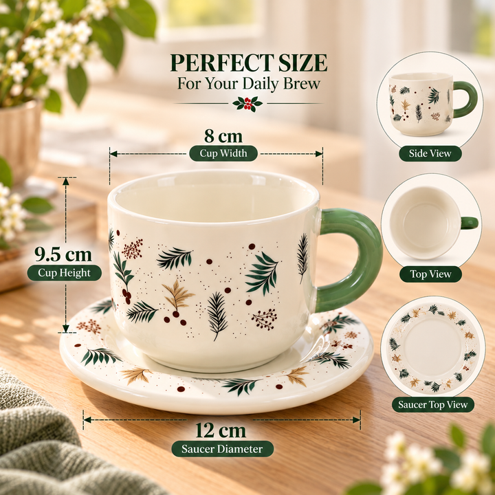 Ceramic Coffee Cup and Saucer Set, Tea Cup with Handle, Elegant White Porcelain Style Cup and Matching Saucer with Botanical Floral Design for Coffee, Tea, Cappuccino and Home Serving