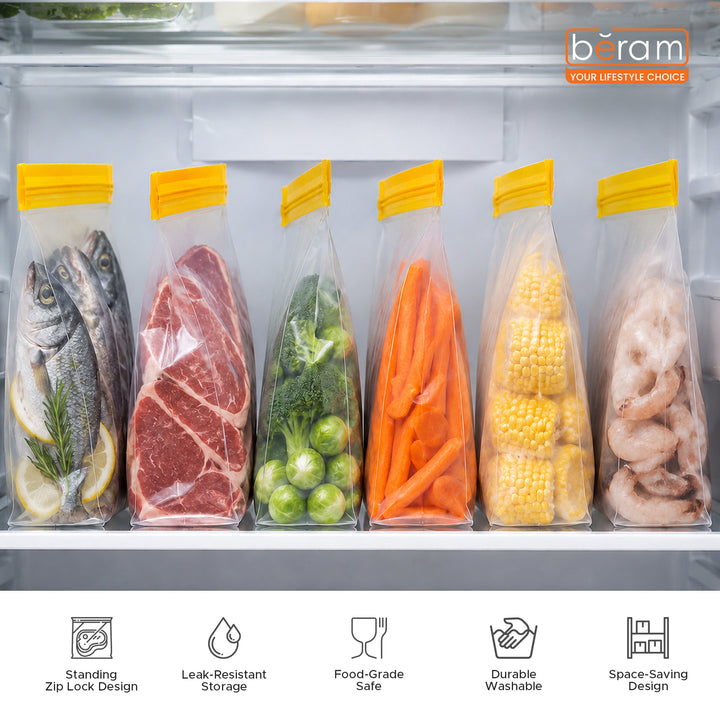 BERAM Reusable Storage Bags Standing Ziploc Containers Dishwasher Safe Leak Proof BPA Free PEVA Material Freezer Safe Lunch and Sandwich Bags Food Safe Picnic and Travel Bags