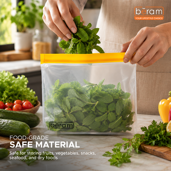 BERAM Reusable Storage Bags Standing Ziploc Containers Dishwasher Safe Leak Proof BPA Free PEVA Material Freezer Safe Lunch and Sandwich Bags Food Safe Picnic and Travel Bags