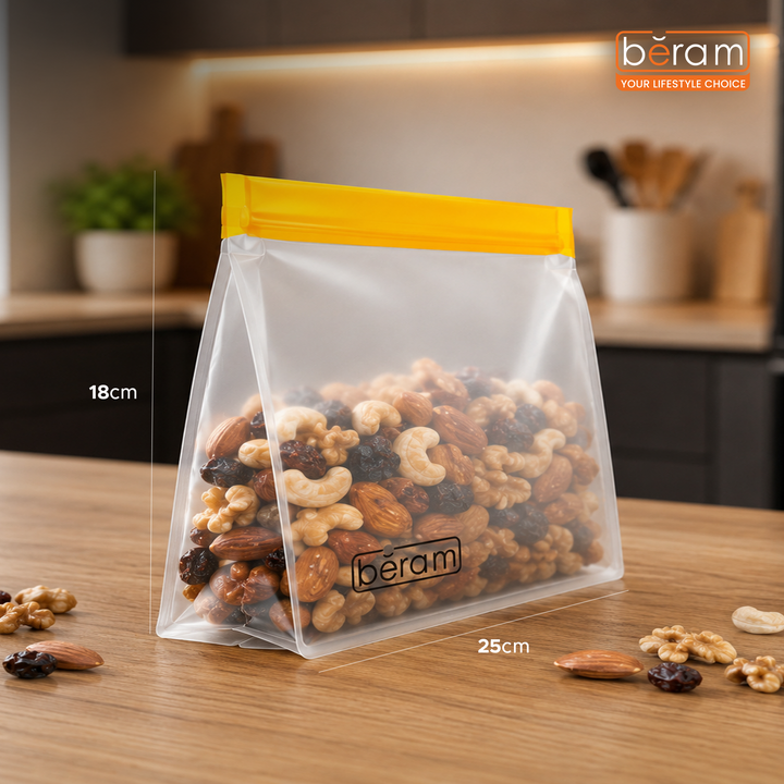 BERAM Reusable Storage Bags Standing Ziploc Containers Dishwasher Safe Leak Proof BPA Free PEVA Material Freezer Safe Lunch and Sandwich Bags Food Safe Picnic and Travel Bags
