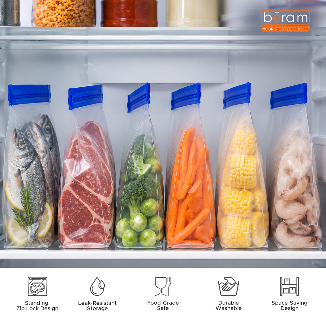 BERAM Reusable Storage Bags Standing Ziploc Containers Dishwasher Safe Leak Proof BPA Free PEVA Material Freezer Safe Lunch and Sandwich Bags Food Safe Picnic and Travel Bags