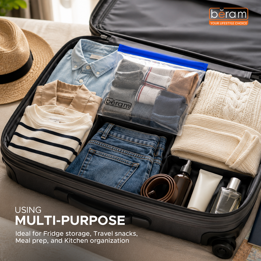 BERAM Reusable Storage Bags Standing Ziploc Containers Dishwasher Safe Leak Proof BPA Free PEVA Material Freezer Safe Lunch and Sandwich Bags Food Safe Picnic and Travel Bags