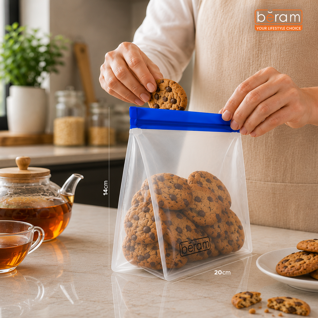 BERAM Reusable Storage Bags Standing Ziploc Containers Dishwasher Safe Leak Proof BPA Free PEVA Material Freezer Safe Lunch and Sandwich Bags Food Safe Picnic and Travel Bags