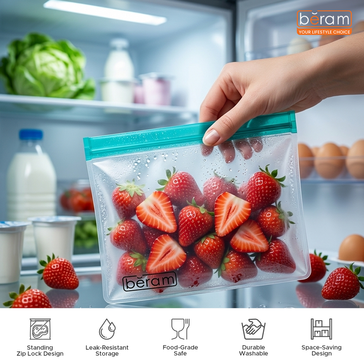 BERAM Reusable Storage Bags Standing Ziploc Containers Dishwasher Safe Leak Proof BPA Free PEVA Material Freezer Safe Lunch and Sandwich Bags Food Safe Picnic and Travel Bags