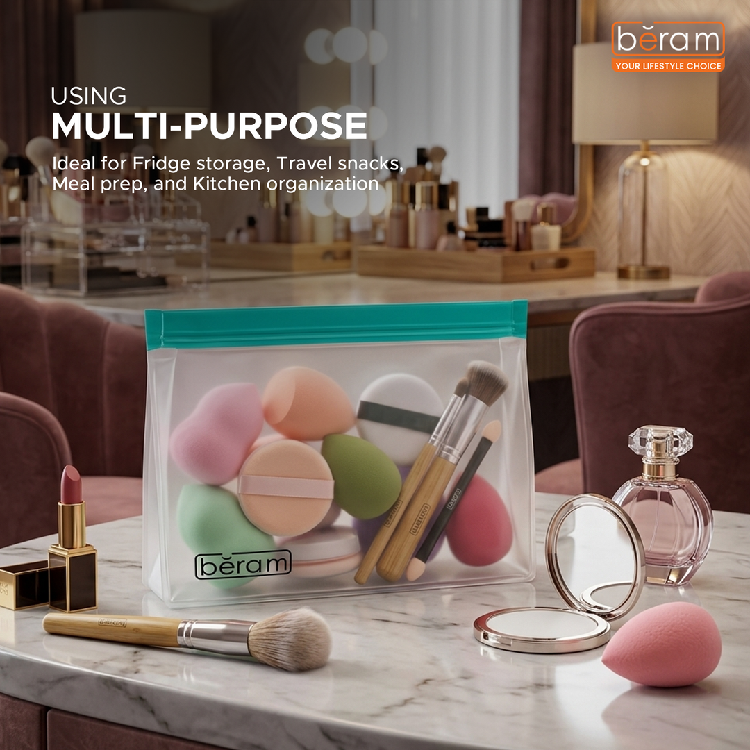 BERAM Reusable Storage Bags Standing Ziploc Containers Dishwasher Safe Leak Proof BPA Free PEVA Material Freezer Safe Lunch and Sandwich Bags Food Safe Picnic and Travel Bags
