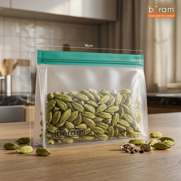 BERAM Reusable Storage Bags Standing Ziploc Containers Dishwasher Safe Leak Proof BPA Free PEVA Material Freezer Safe Lunch and Sandwich Bags Food Safe Picnic and Travel Bags