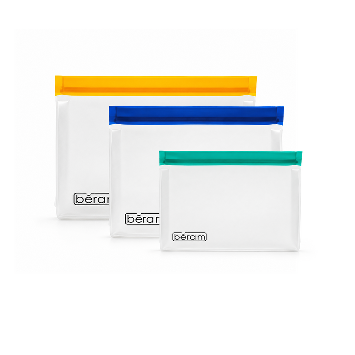 BERAM Reusable Storage Bags Standing Ziploc Containers Dishwasher Safe Leak Proof BPA Free PEVA Material Freezer Safe Lunch and Sandwich Bags Food Safe Picnic and Travel Bags