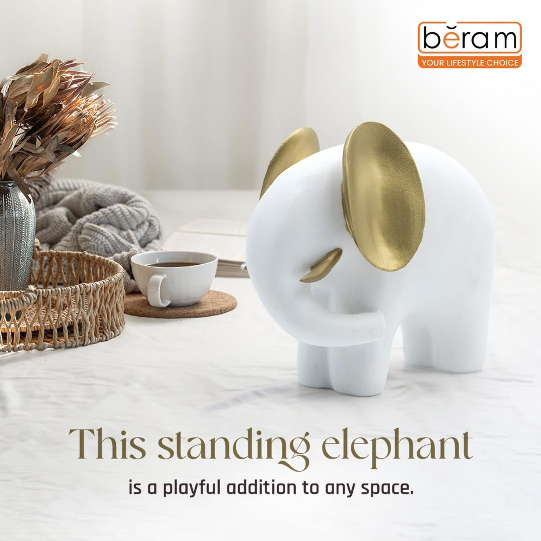 BERAM White & Gold Elephant Statue – Ceramic Art Sculpture for Modern Home Decor, Abstract Figurine Ornament for Office, Living Room, Shelf Display, Premium Gift for Elephant Lovers
