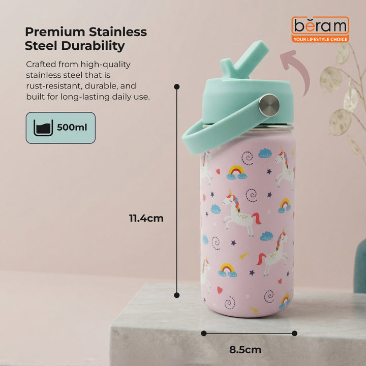 Beram Stainless Steel Thermal Water Bottle 12oz 500ml Smart Water Bottle Aqua Flask Travel Flask for Hot Water Thermos Flask Harmonica Bottle