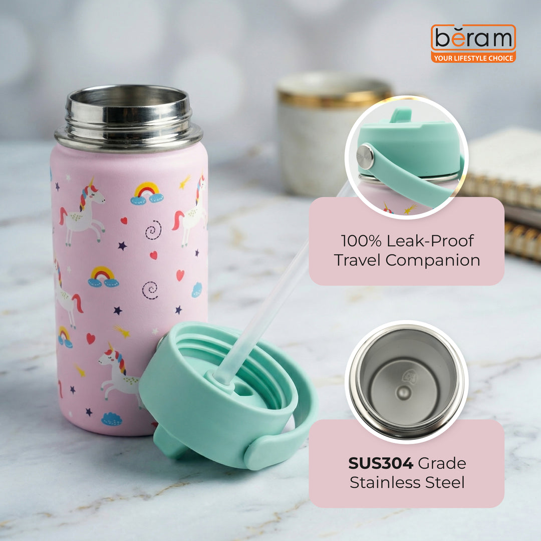 Beram Stainless Steel Thermal Water Bottle 12oz 500ml Smart Water Bottle Aqua Flask Travel Flask for Hot Water Thermos Flask Harmonica Bottle