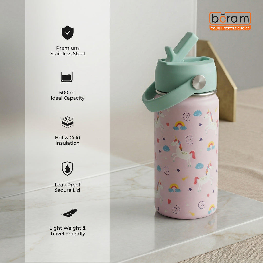 Beram Stainless Steel Thermal Water Bottle 12oz 500ml Smart Water Bottle Aqua Flask Travel Flask for Hot Water Thermos Flask Harmonica Bottle