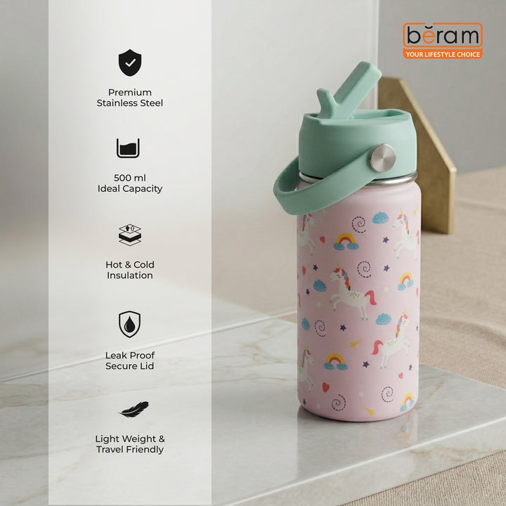 Beram Stainless Steel Thermal Water Bottle 12oz 500ml Smart Water Bottle Aqua Flask Travel Flask for Hot Water Thermos Flask Harmonica Bottle