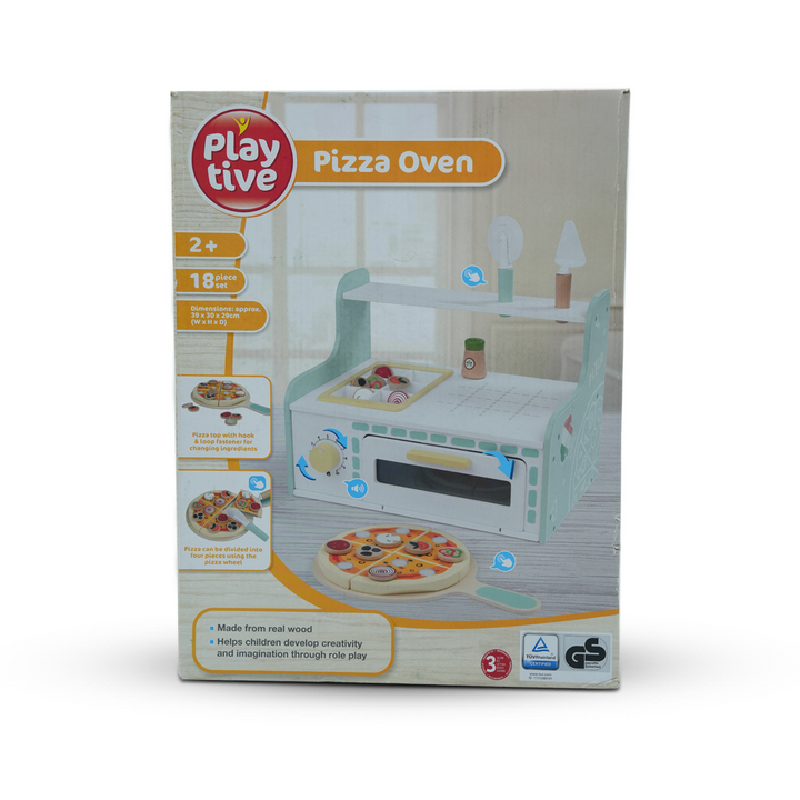 Playtive Pizza Oven – 18-Piece Wooden Role Play Set for Kids 2+, Interactive Pizza-Making Toy with Dividable Pizza, Real Wood Construction, Encourages Creativity & Imagination, TÜV Certified, 3-Year Warranty