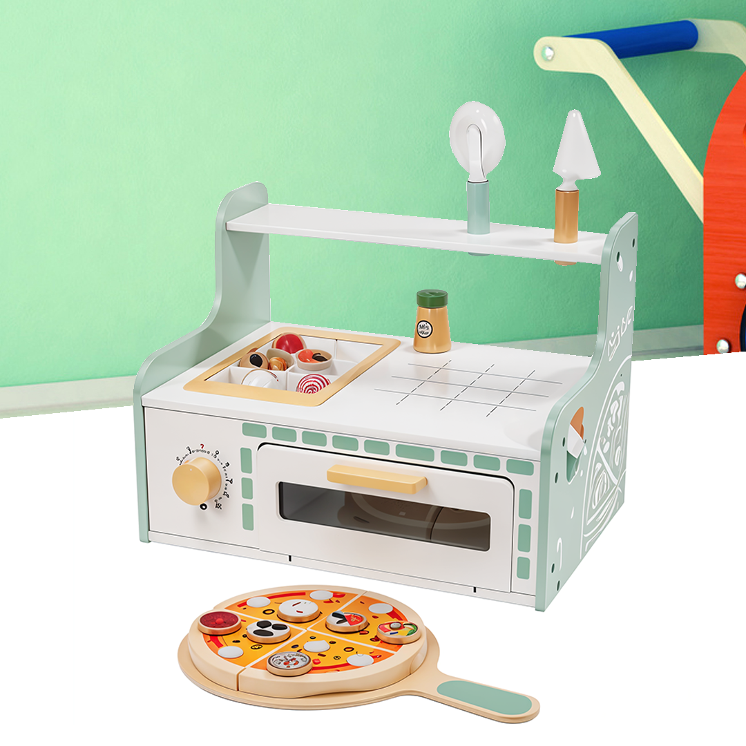 Playtive Pizza Oven – 18-Piece Wooden Role Play Set for Kids 2+, Interactive Pizza-Making Toy with Dividable Pizza, Real Wood Construction, Encourages Creativity & Imagination, TÜV Certified, 3-Year Warranty